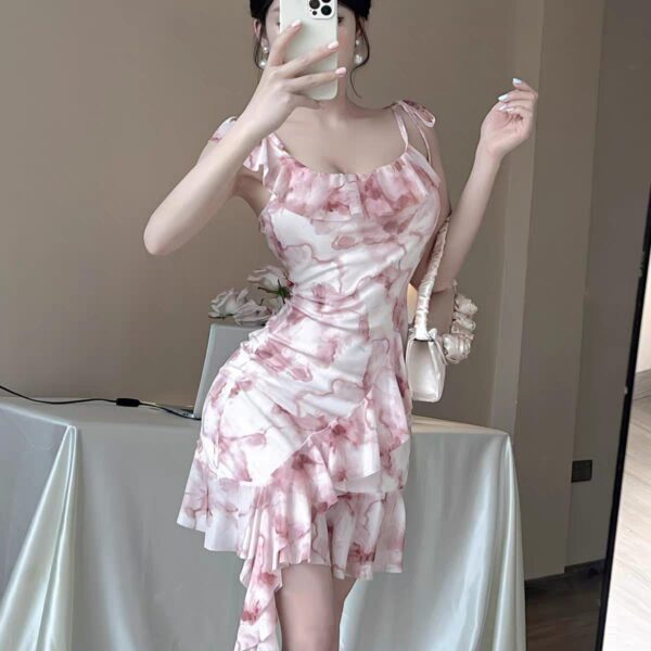 Spaghetti Strap Scoop Neck Tie Dye Asymmetrical Ruffle Trim Mini Bodycon Dress