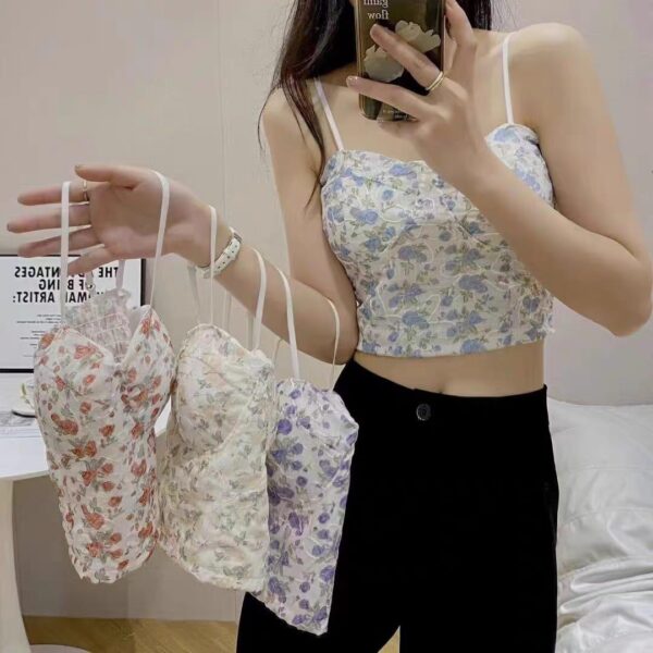 Embroidered Floral Small Camisole Sweet With Chest Pad Can Be Worn Outside Bra Back Pleated Slimming Back Top
